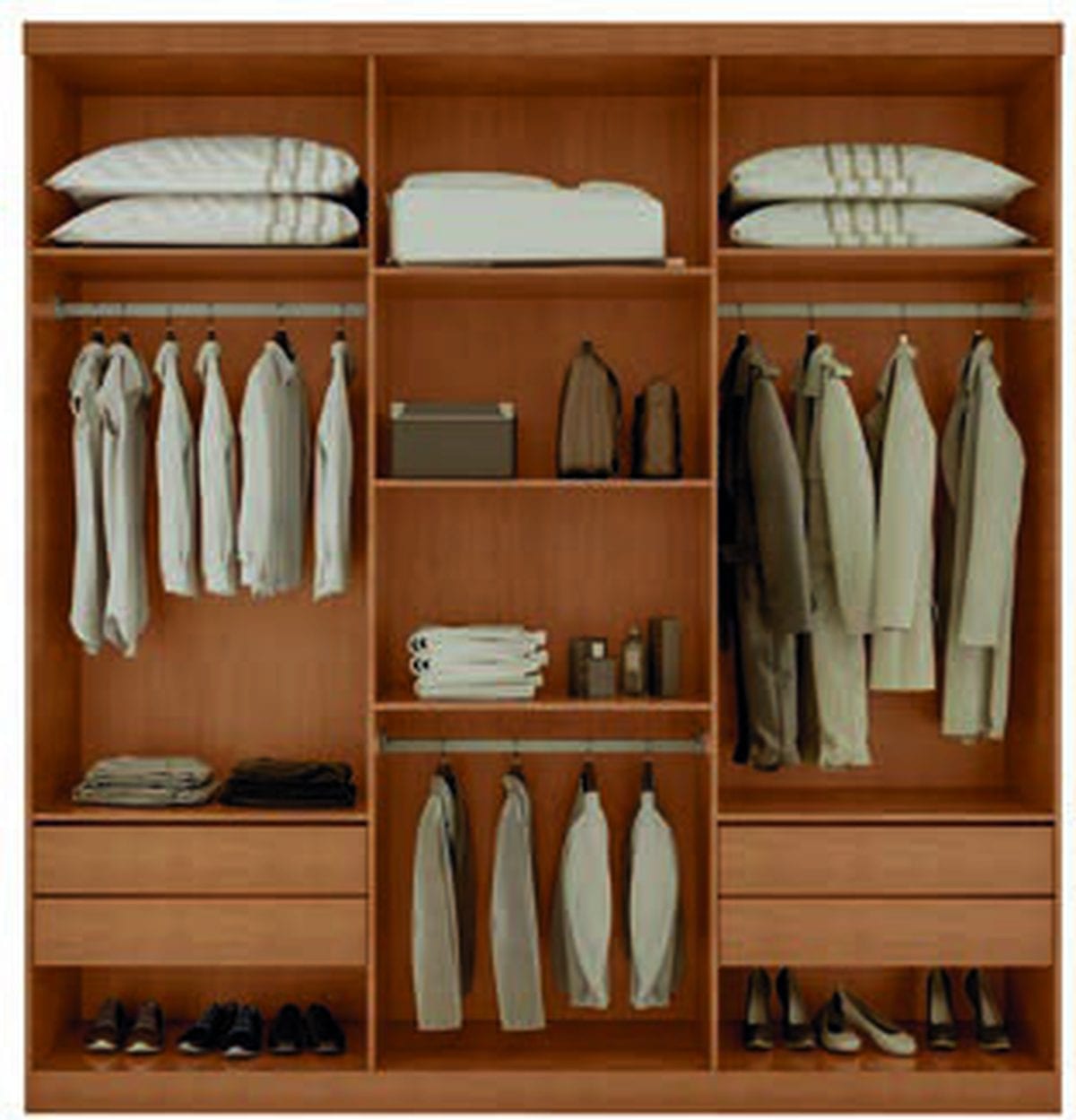 Guarda-roupa Bahia 6 portas — interior com cabideiro, prateleiras e gavetas