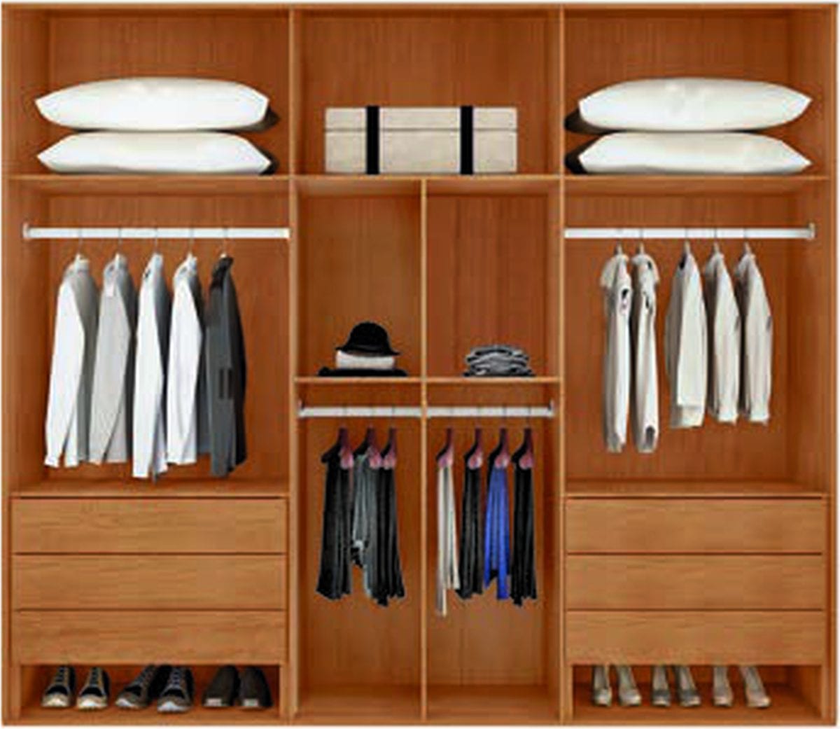 Guarda-roupa Boreal 6 portas — interior com cabideiro, prateleiras e gavetas