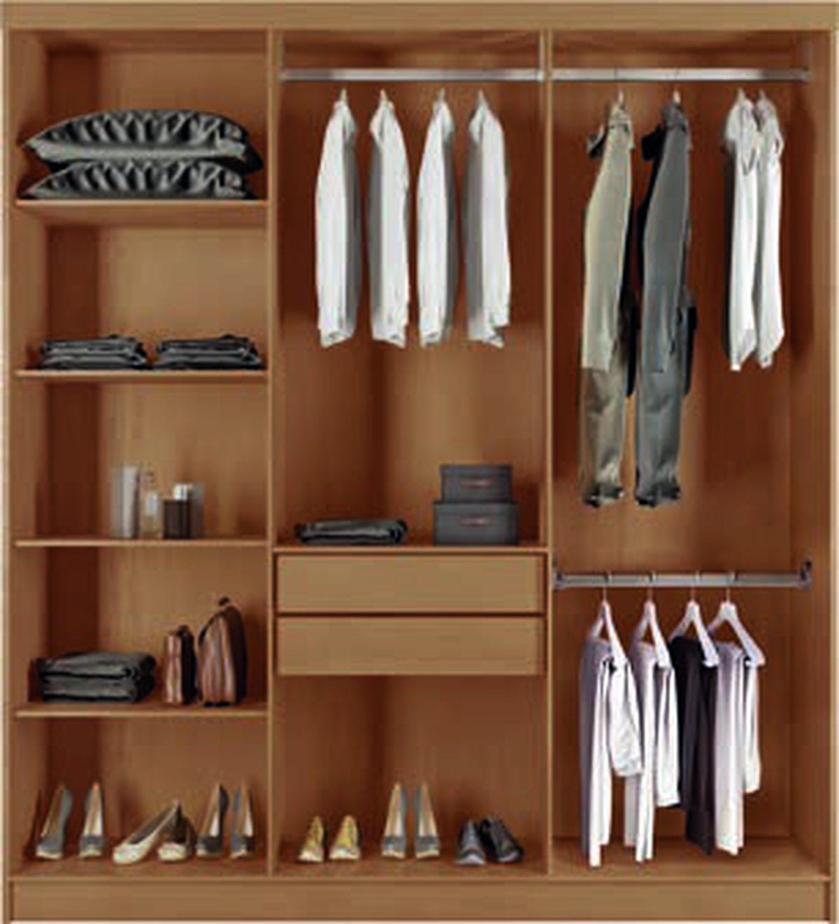 Guarda-roupa Cairo 6 portas — interior com cabideiro, prateleiras e gavetas