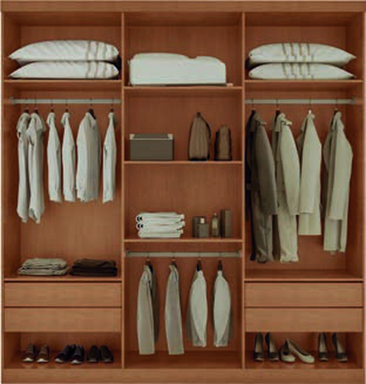 Guarda-roupa Denver 6 portas — interior com cabideiro, prateleiras e gavetas