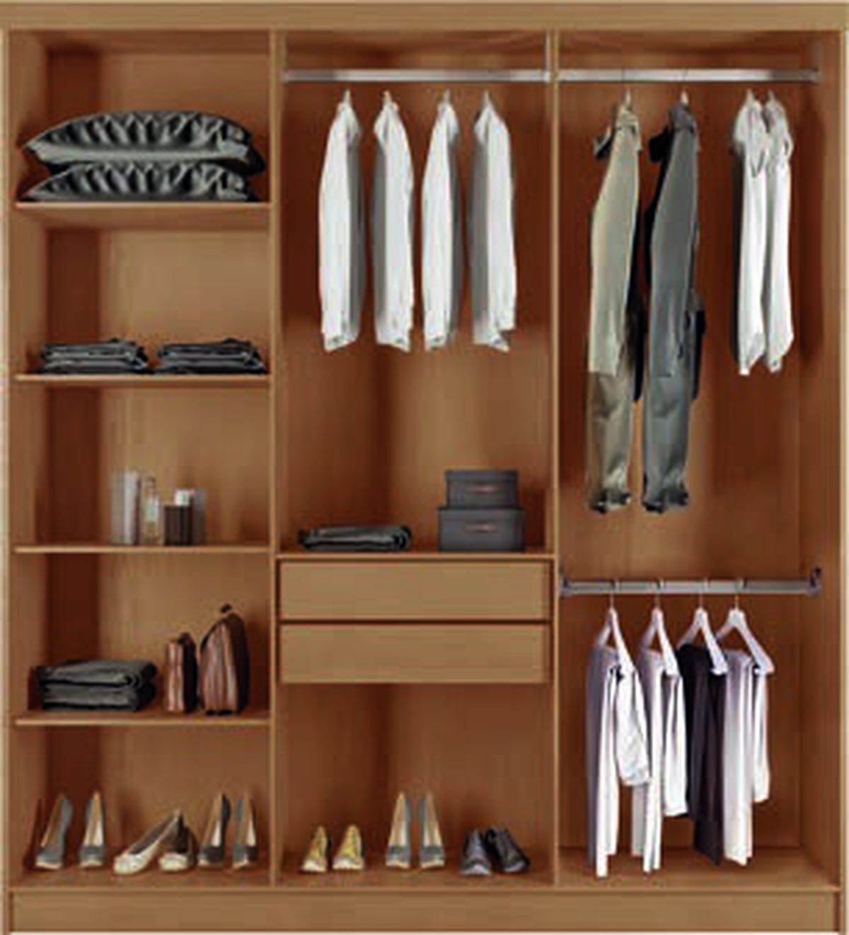 Guarda-roupa Genebra 6 portas — interior com cabideiro, prateleiras e gavetas