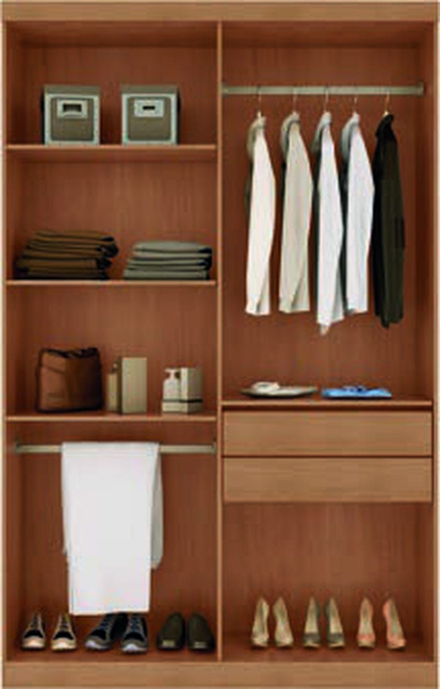 Guarda-roupa Hawaii 4 portas — interior com cabideiro, prateleiras e gavetas