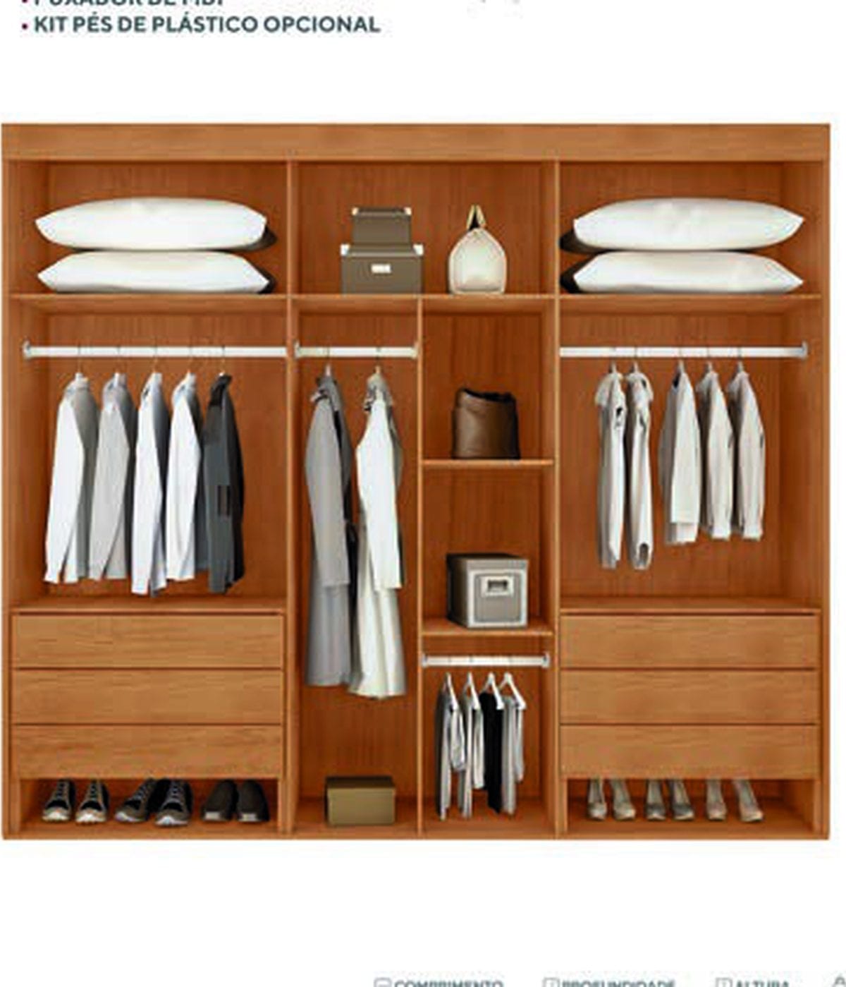 Guarda-roupa Lucca Premium 6 portas — interior com cabideiro, prateleiras e gavetas
