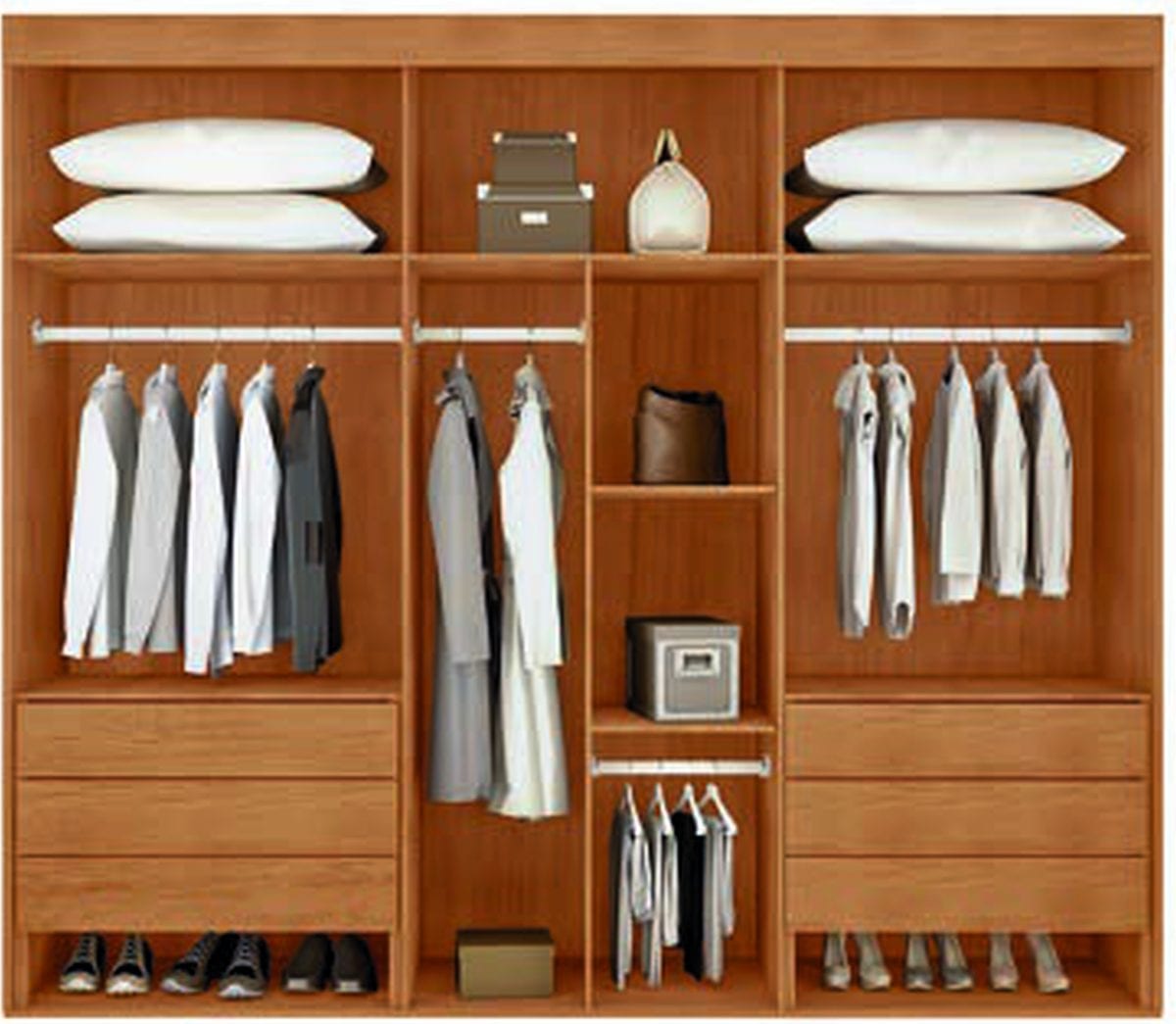 Guarda-roupa Milano 6 portas — interior com cabideiro, prateleiras e gavetas